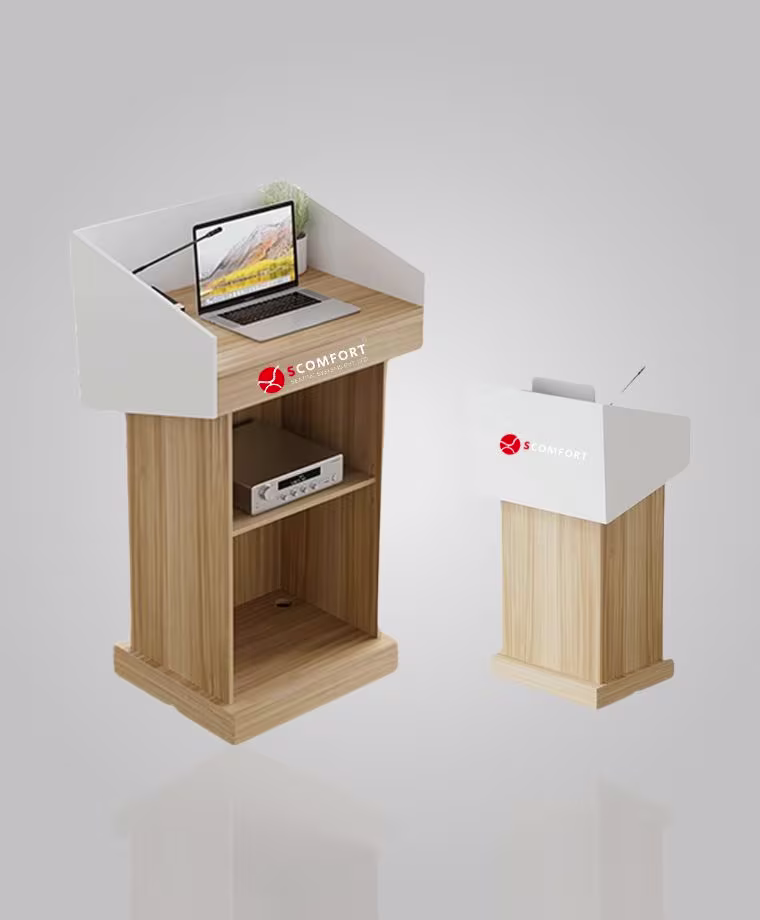 Laptop on a wooden podium with branding, and a smaller stand next to it