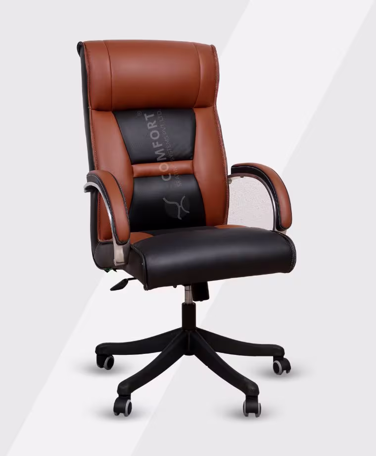 Brown and black ergonomic office chair with high back and adjustable features.