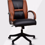 Brown and black executive office chair with padded armrests and adjustable height