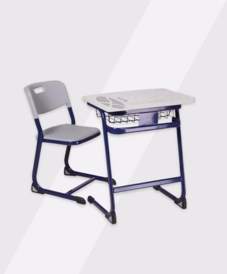 School desk with a chair and a writing surface, featuring a metal frame and a plastic top.