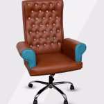 Brown and teal tufted office chair with armrests and rolling base