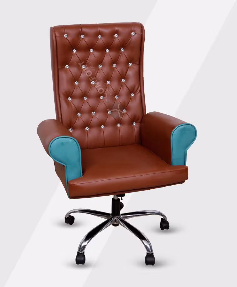 Brown and teal tufted office chair with armrests and rolling base