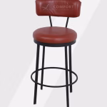 Red upholstered bar stool with backrest, model SC-X212, featuring black metal legs and footrest