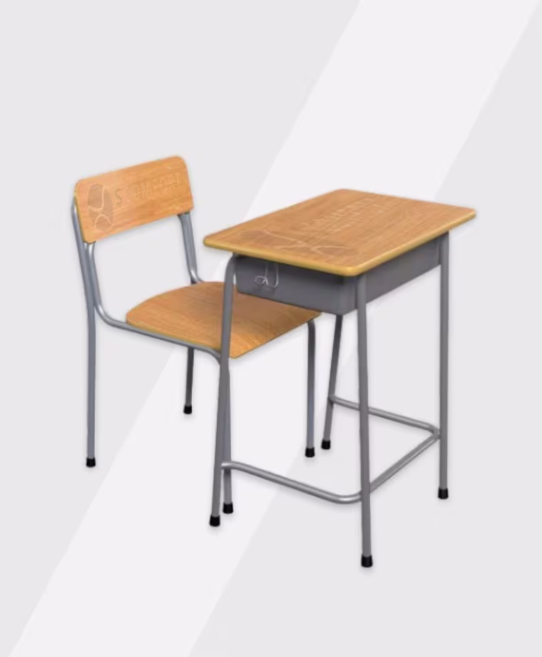 School desk with attached chair and wooden top, labeled SR16 SC RT116