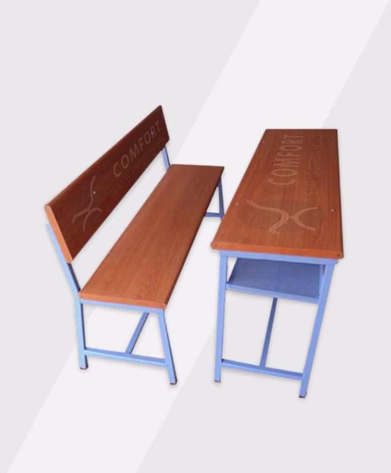 Wooden school bench and desk set labeled SR23 SC RT123