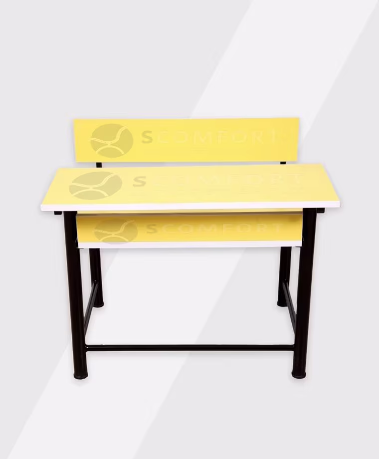 Yellow school desk with black legs labeled SR24 SC RT10