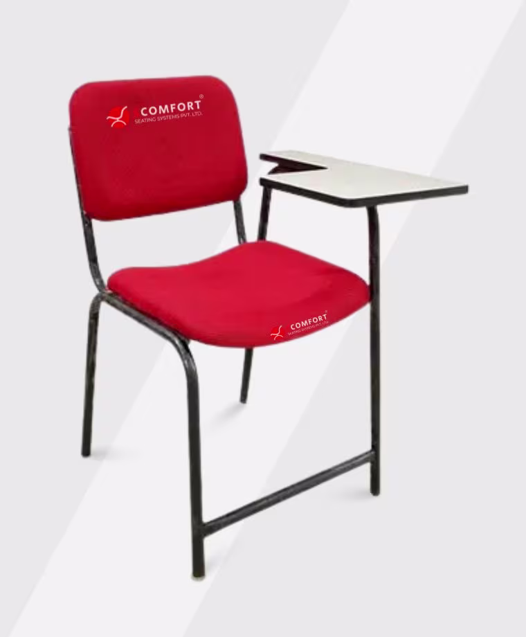 Red classroom chair with attached desk and black metal frame, branded with Comfort logo
