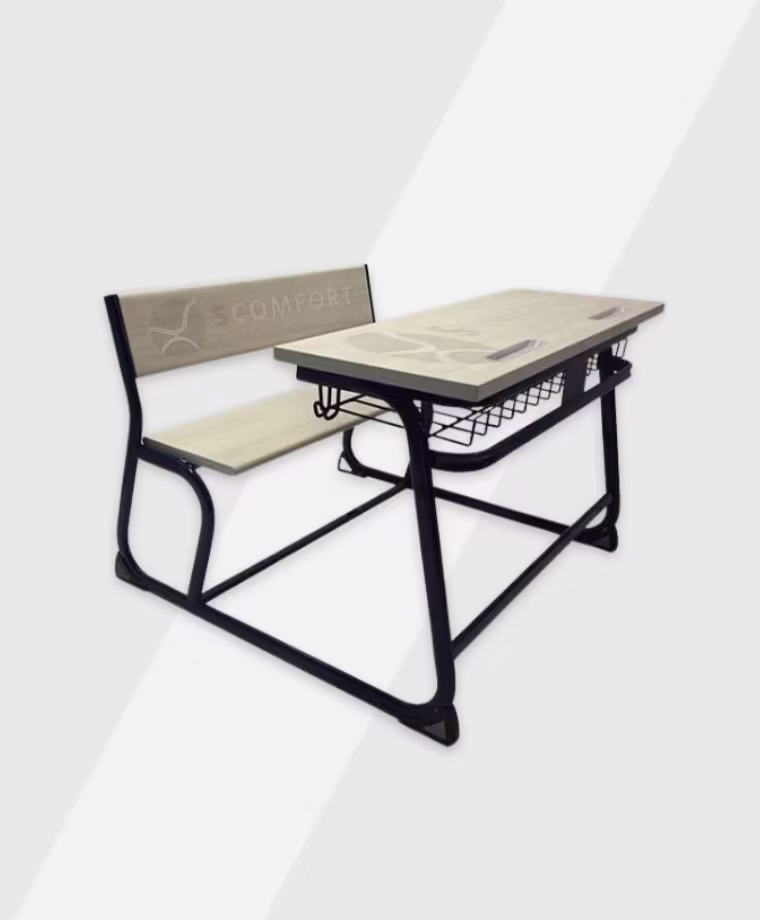 School desk and bench labeled SR39 SC RT136