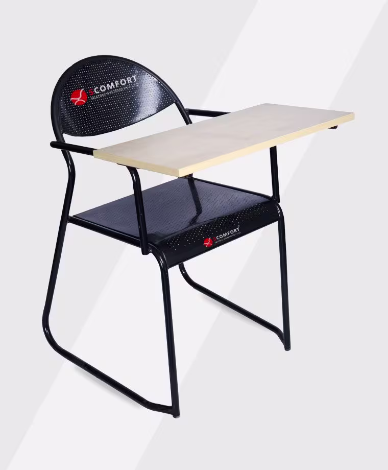 Comfort brand black metal chair with attached desk and mesh backrest