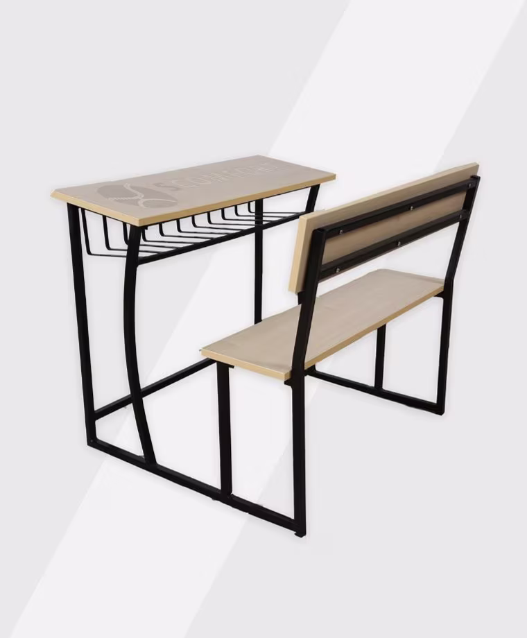 School desk and bench labeled SR42 SC RT139