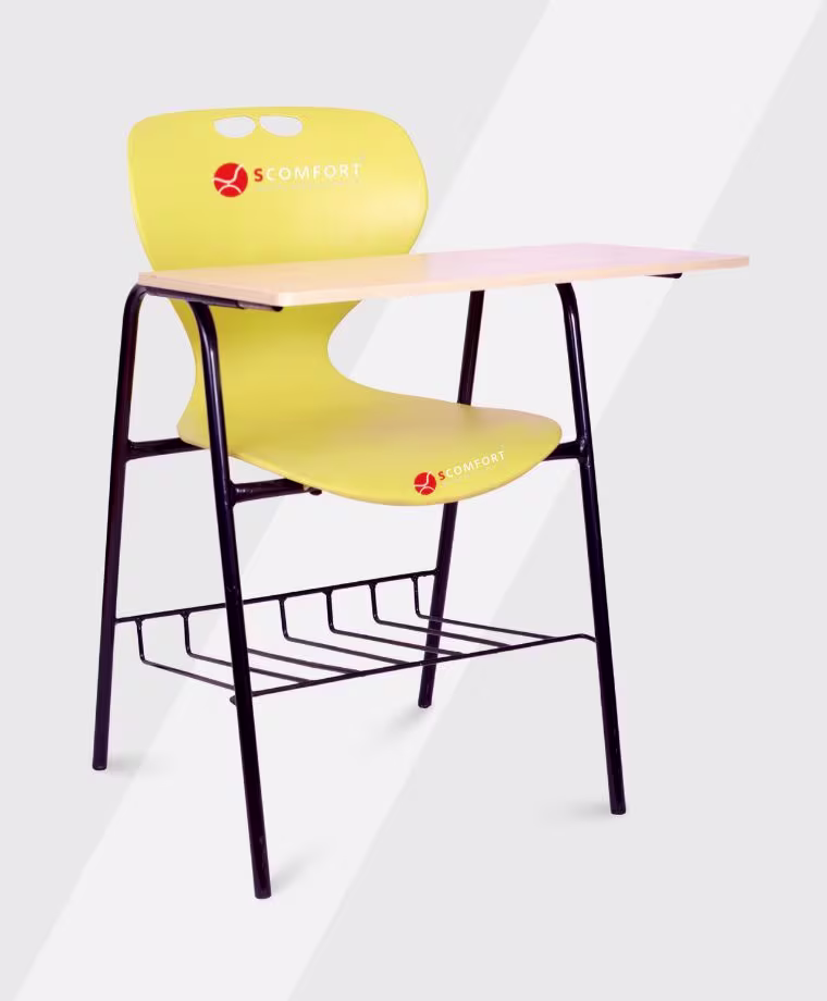 Modern yellow study desk with attached chair and metal frame, labeled SR45 SC-CC7