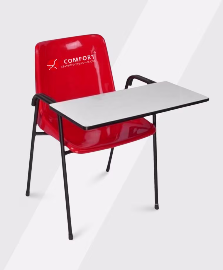 Red classroom chair with attached desk, model SR47 SC CC124, featuring armrests and metal legs