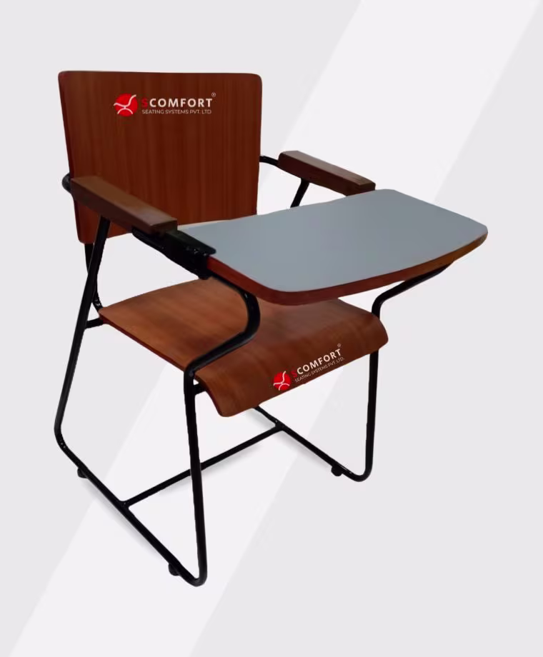 Wooden conference chair with foldable desk, model SR49 SC CC126, featuring armrests and metal frame