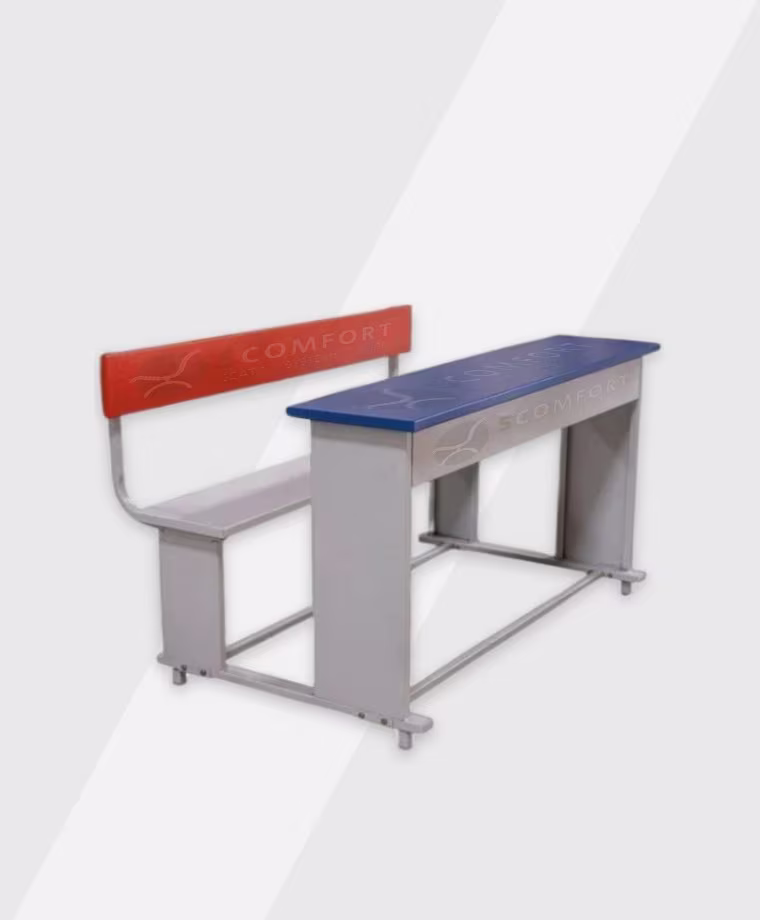 Classroom desk with a blue tabletop and a matching bench with an orange backrest labeled "COMFORT."