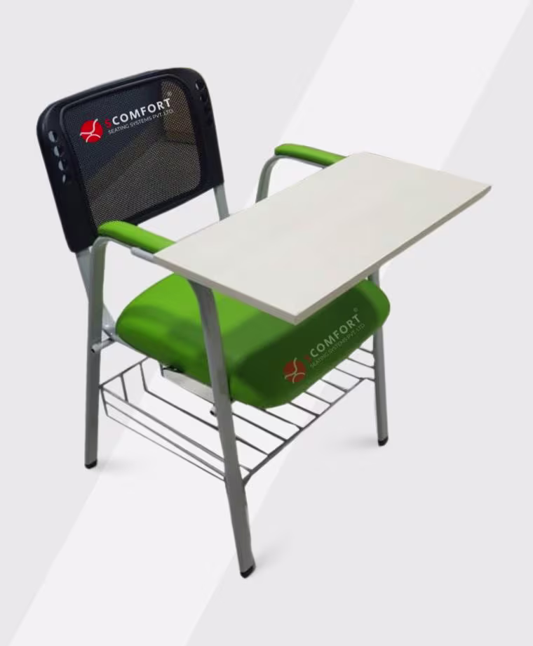 Student chair with attached desk, model SR50 SC CC127, featuring green and black color with metal frame