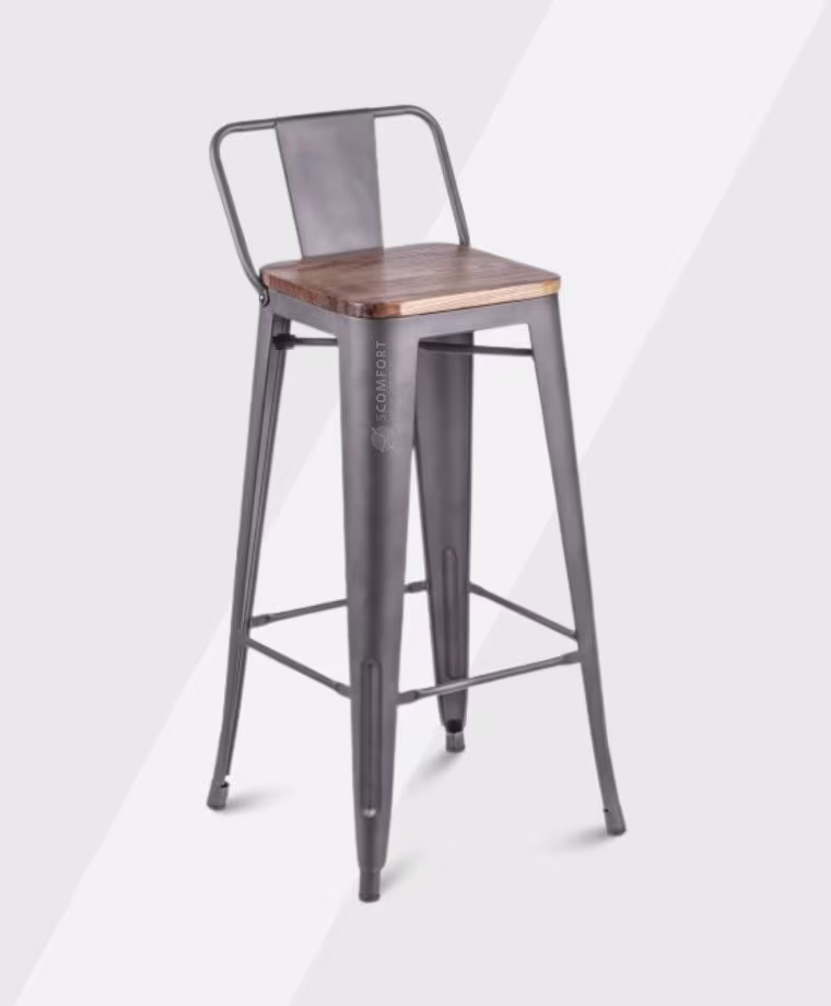 SR53 SC X216 industrial-style metal bar stool with wooden seat and backrest