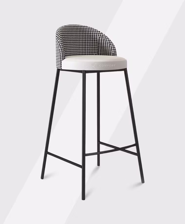 Modern bar stool with black metal legs and patterned backrest