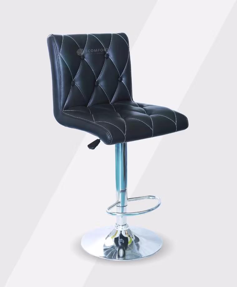 Modern black upholstered swivel bar stool, model SR6 SC X151, with quilted design and chrome base