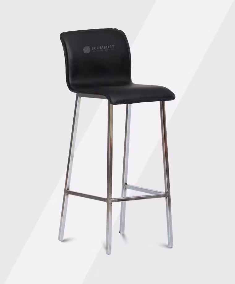 Black modern bar stool with padded seat and chrome legs