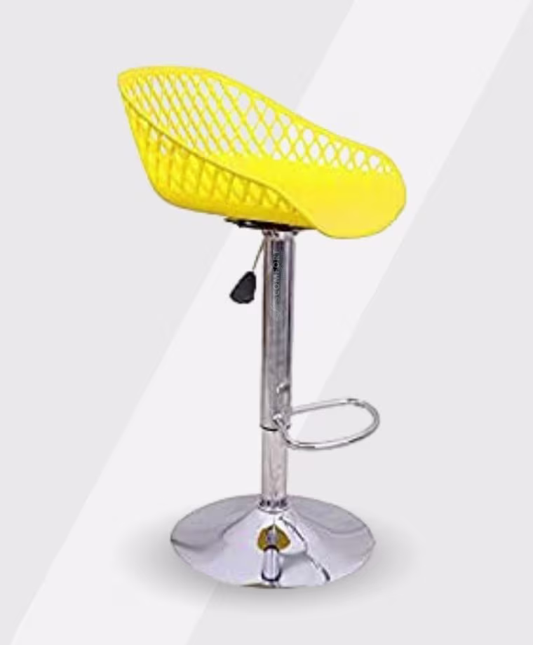 Bright yellow modern bar stool with open lattice backrest and adjustable height