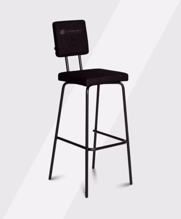 Modern black upholstered bar stool with backrest and metal legs