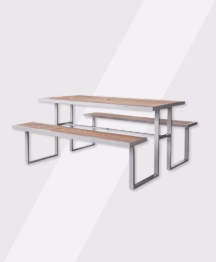 Modern rectangular dining table with matching benches and metal frame