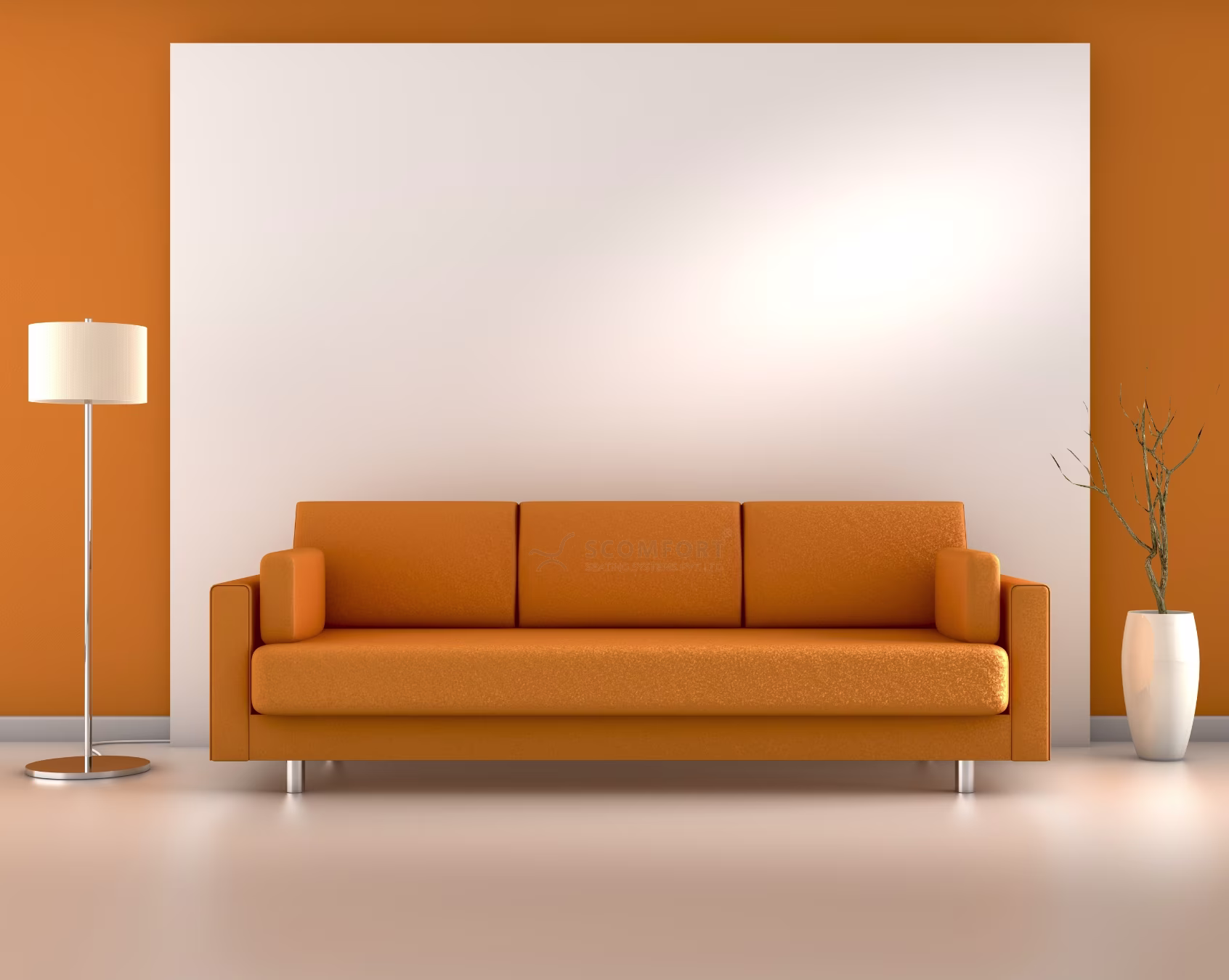 Stylish orange fabric sofa with three cushions in a contemporary living room