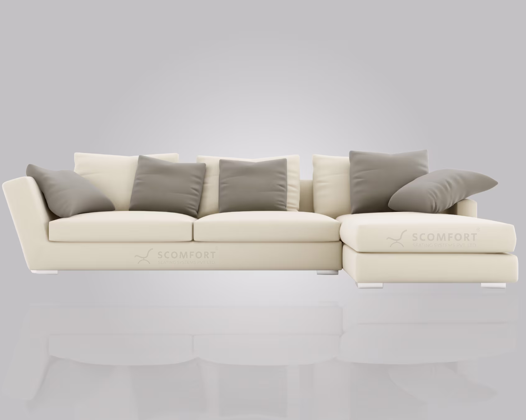 Modern white sectional sofa with gray cushions in a minimalist living room