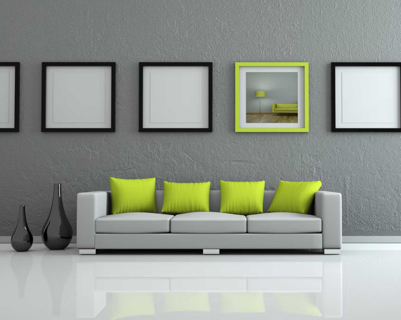 Modern white sofa with lime green cushions against a gray textured wall