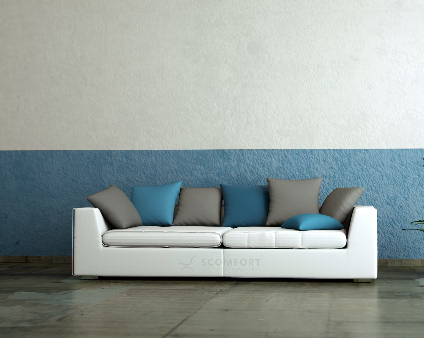 White sofa with blue and gray cushions in a modern living room