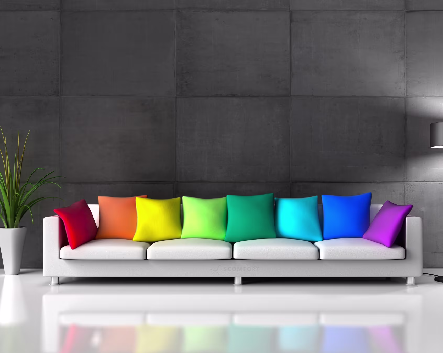 Colorful rainbow sofa with vibrant cushions in modern living room
