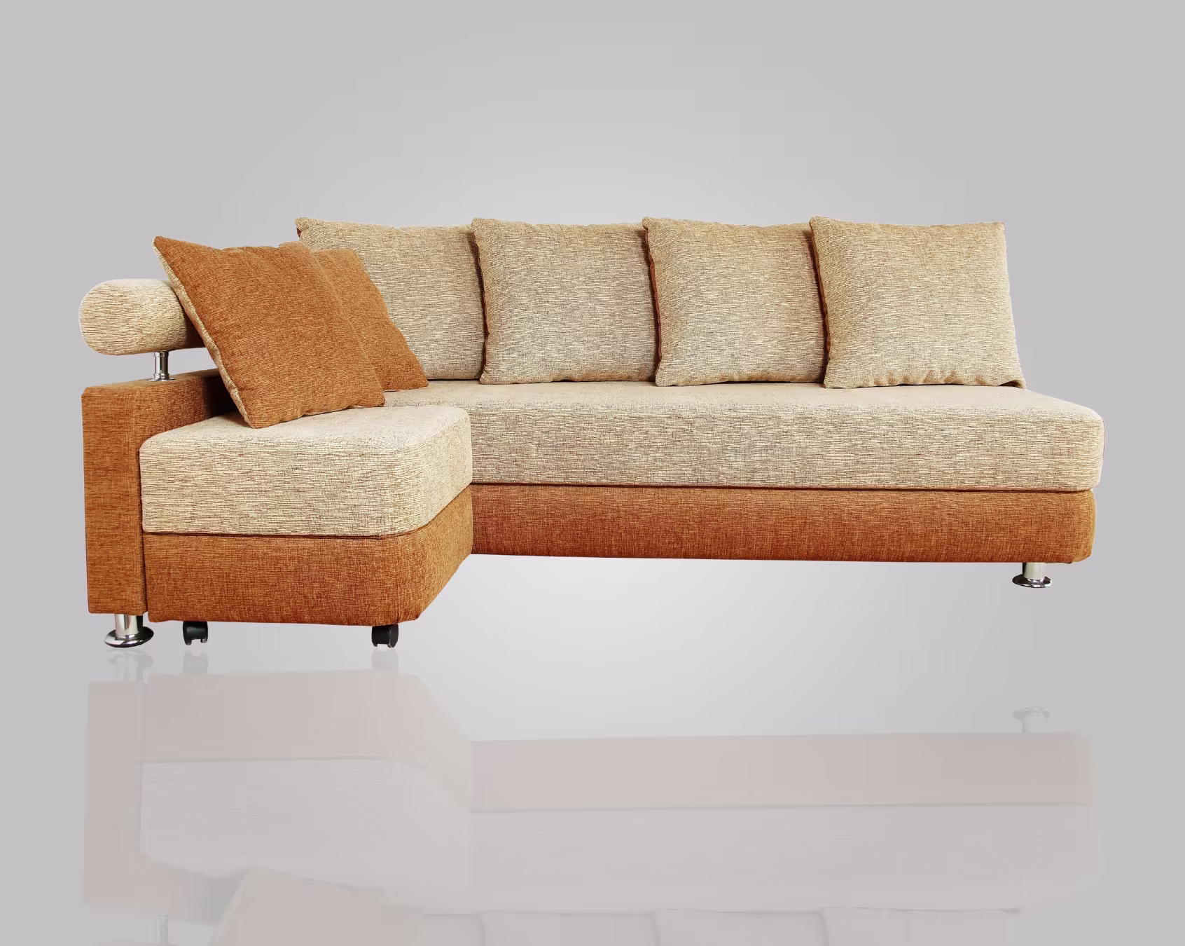 Beige and rust-colored sectional sofa with cushions