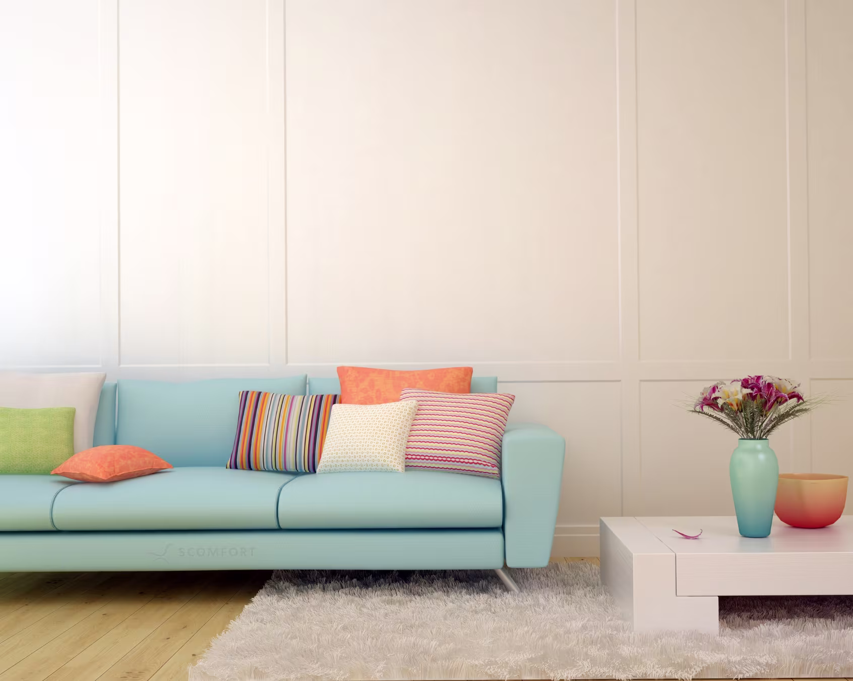 Light blue sofa with colorful cushions in a modern living room