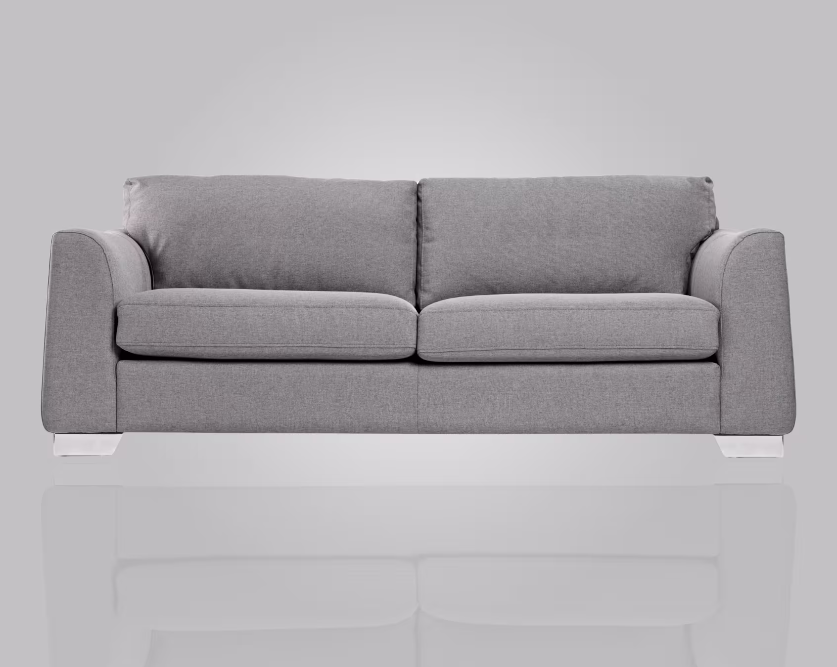 Grey fabric sofa with cushioned backrests and armrests