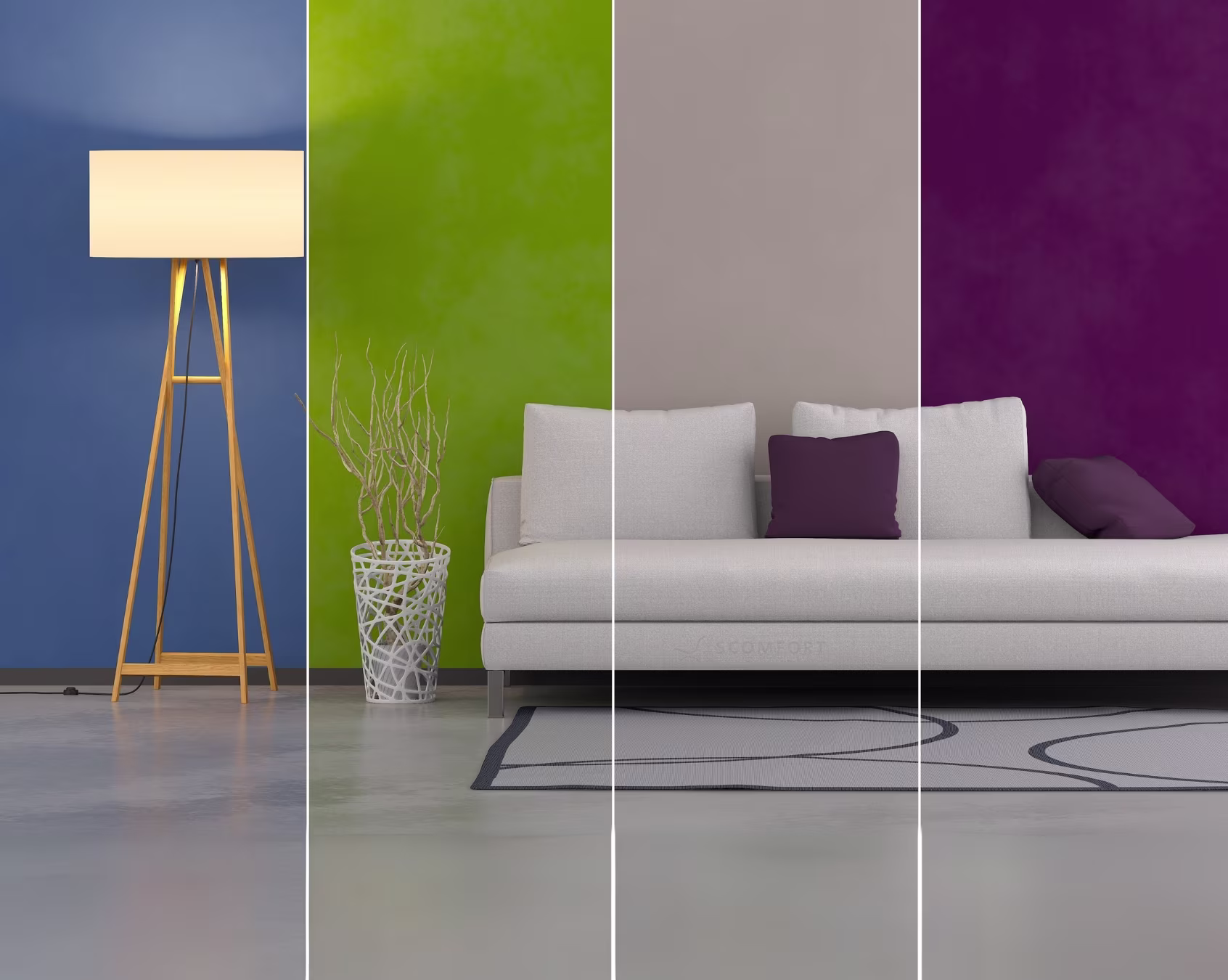 Modern living room with colorful wall panels and white sofa
