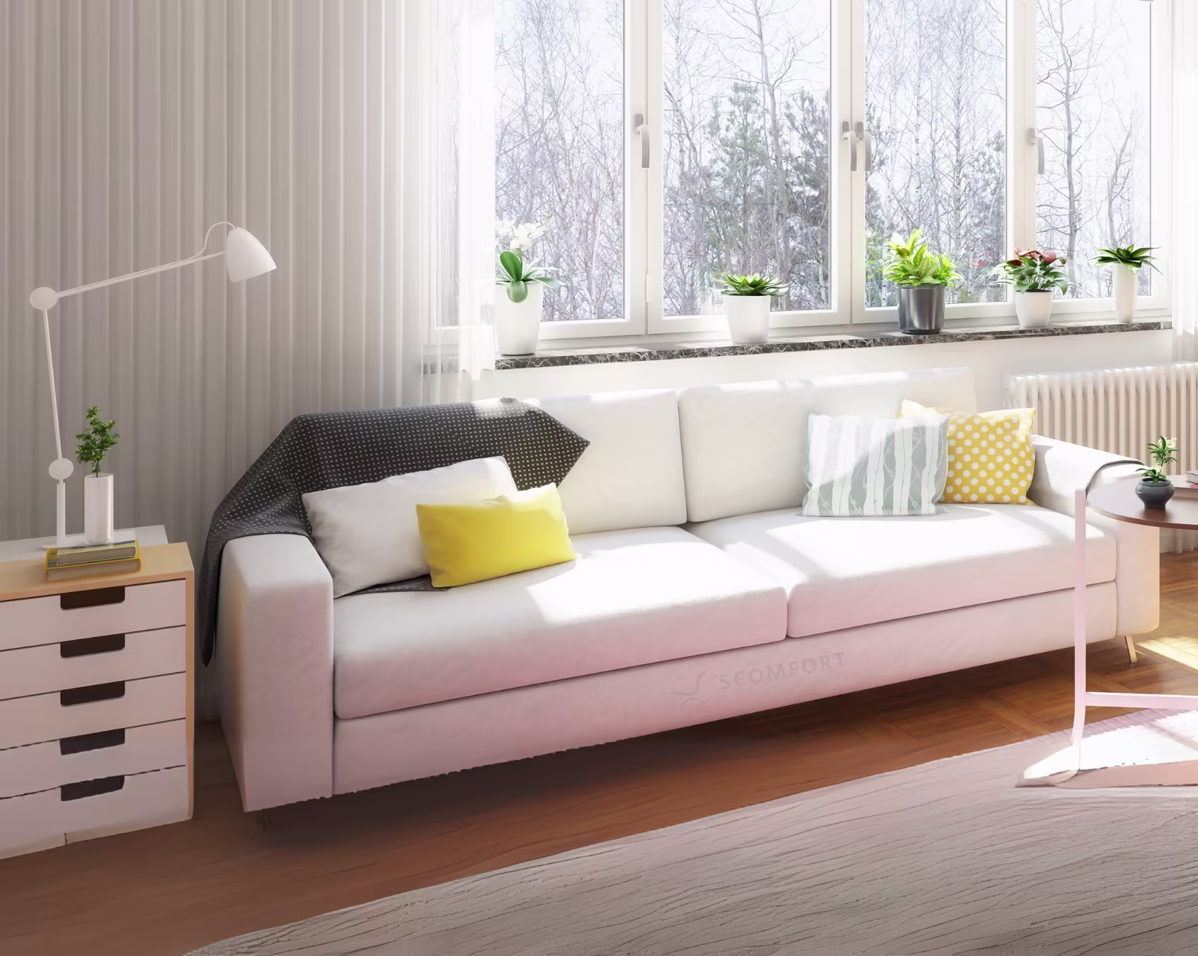 Bright living room with white sofa and large window with potted plants