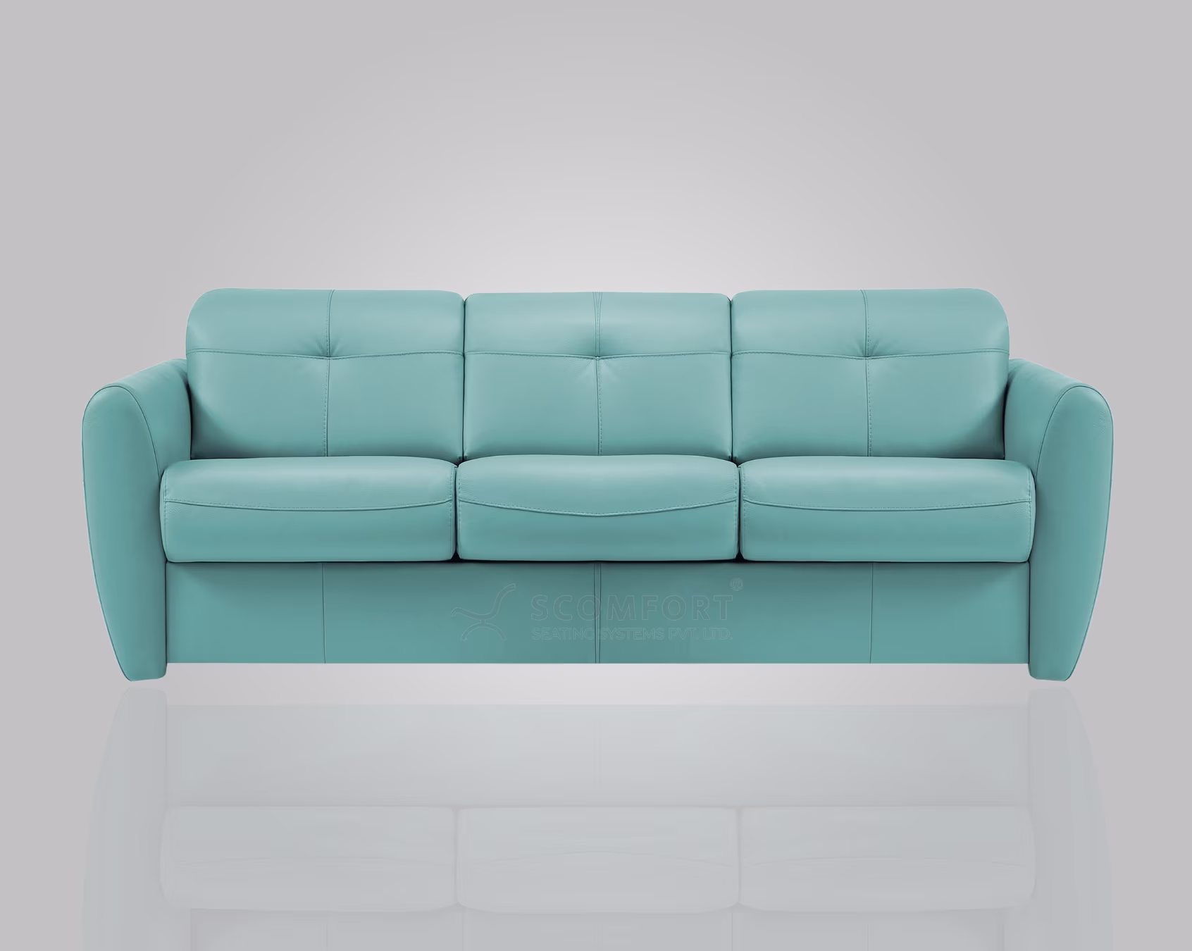 Light blue three-seater fabric sofa with cushioned back and armrests