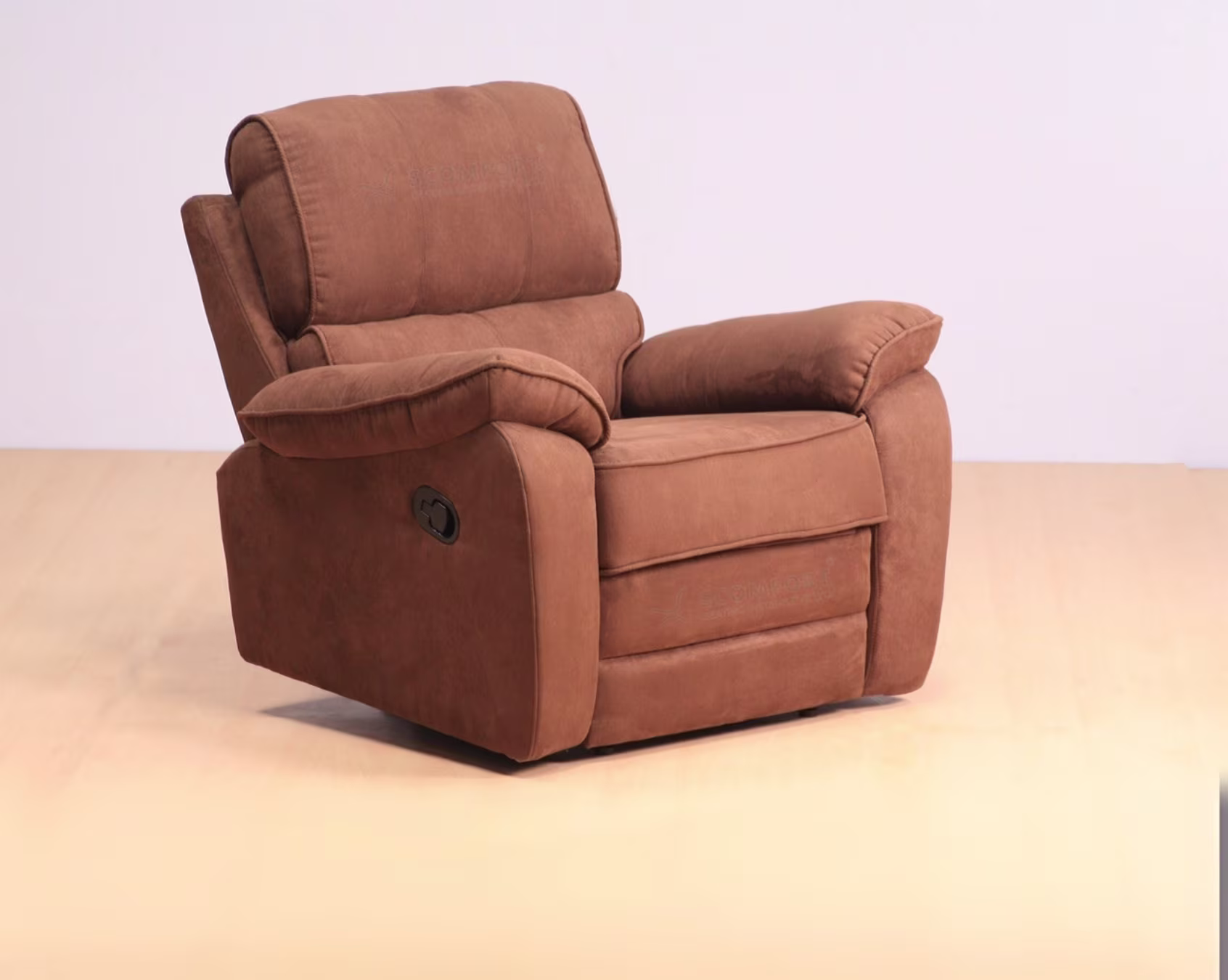 Cozy brown fabric recliner chair with plush cushioning