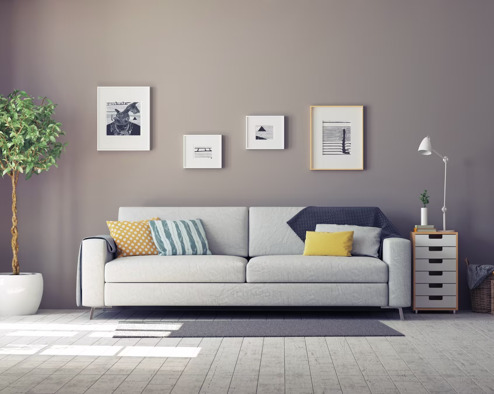 Modern living room with white sofa, decorative cushions, and wall art