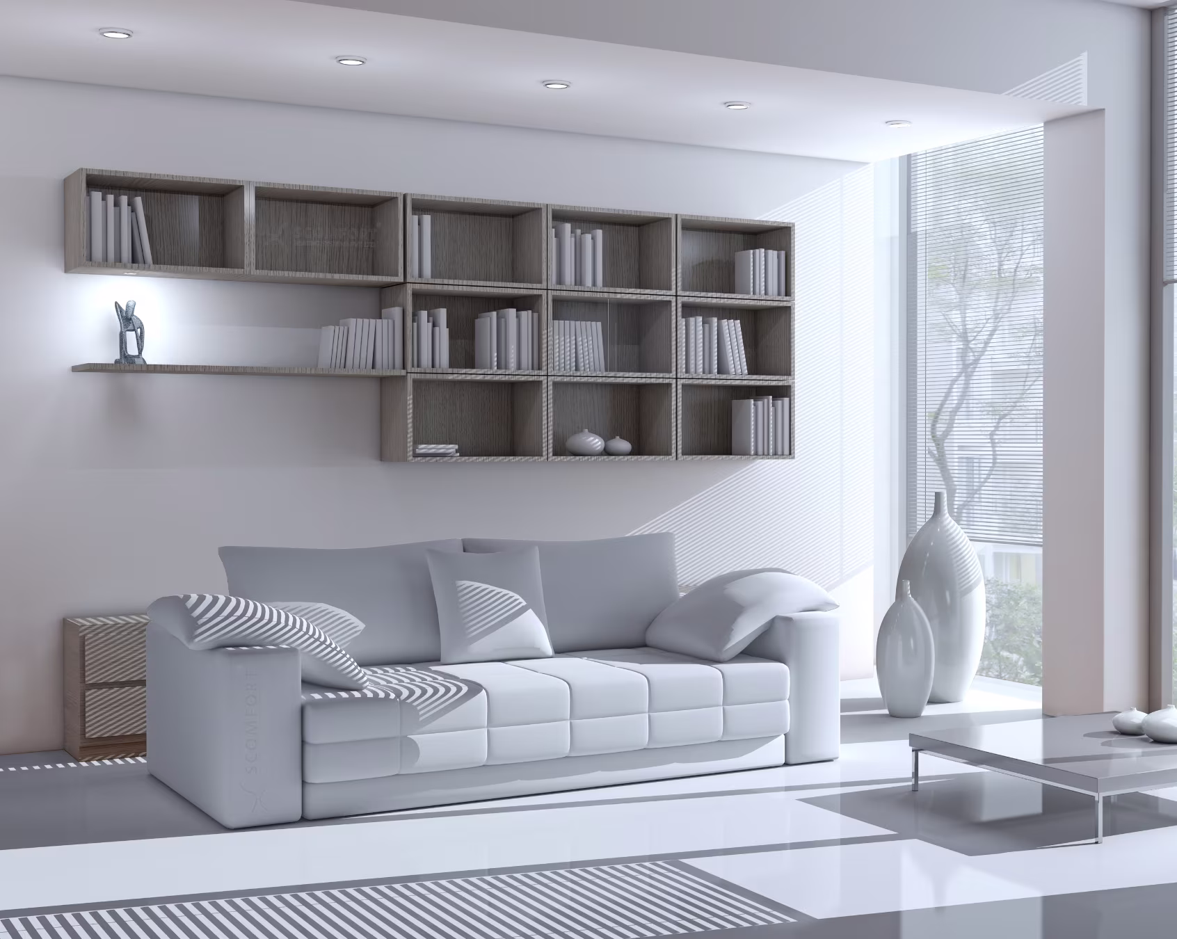 Modern minimalist living room with white sofa and wall-mounted shelves