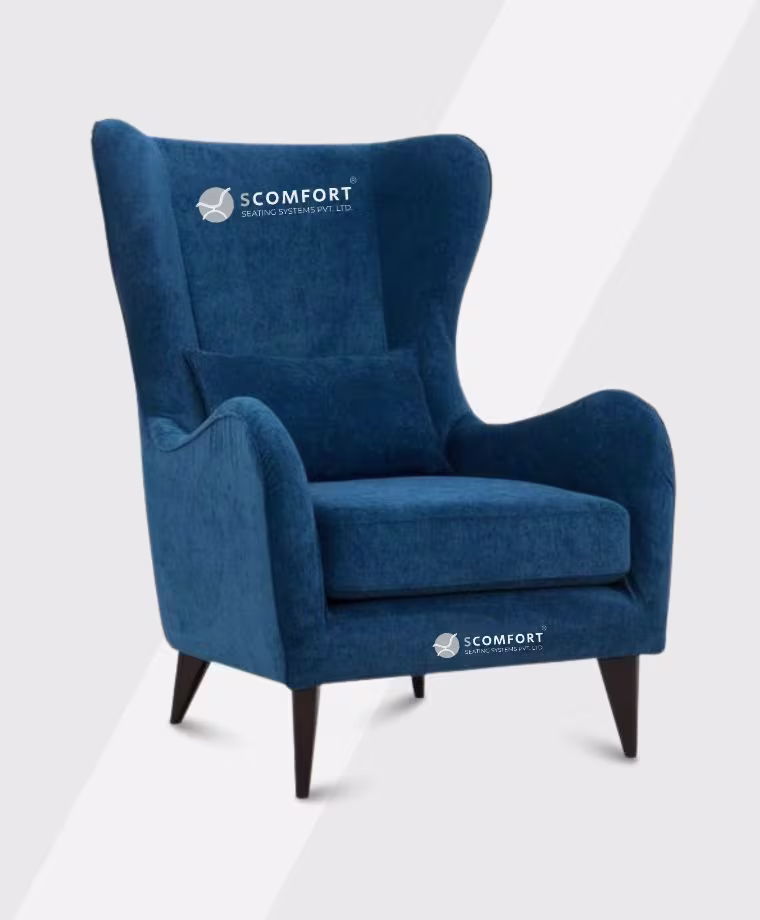 SR1 SC LU101 blue upholstered high-back armchair with wooden legs