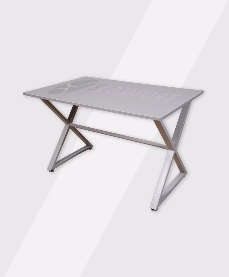Modern desk with a sleek gray tabletop and angular metal legs.