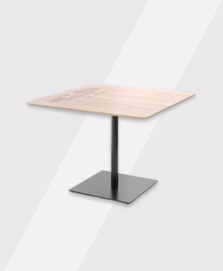 Wooden square table with a black metal pedestal base
