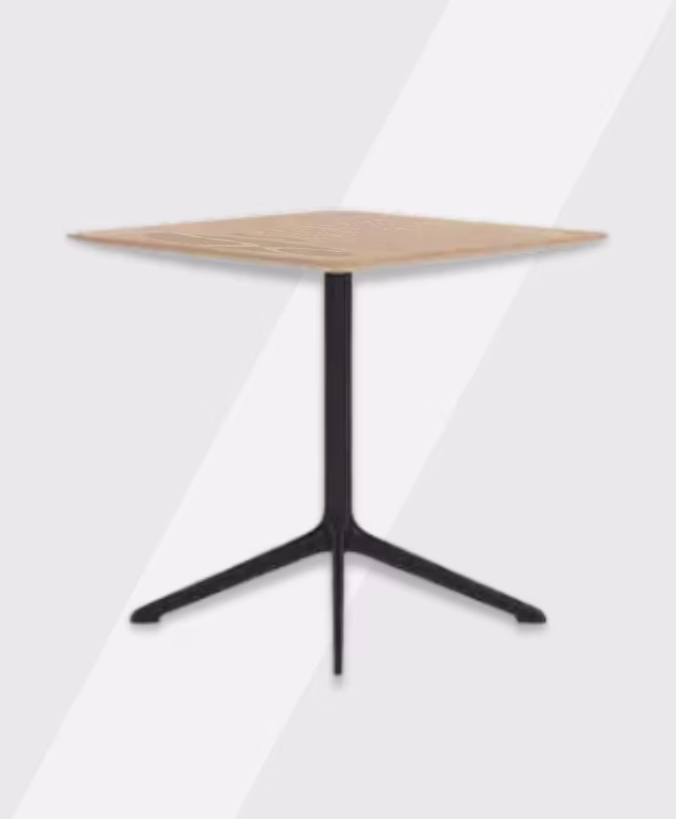 Wooden square table with a black metal pedestal base.