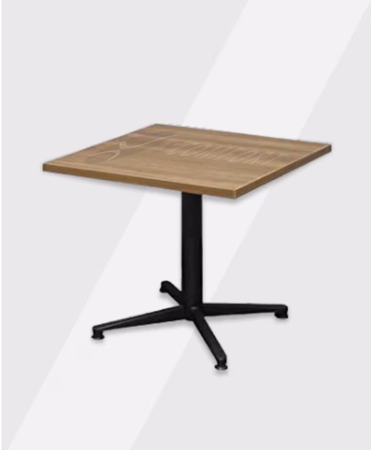 Wooden square table with a black metal pedestal base.