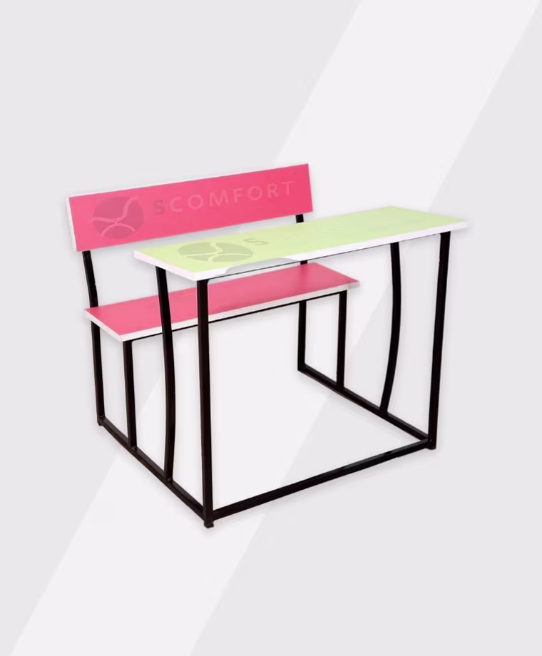 Pink and green school desk with a bench and chair labeled SR42 SC RT139