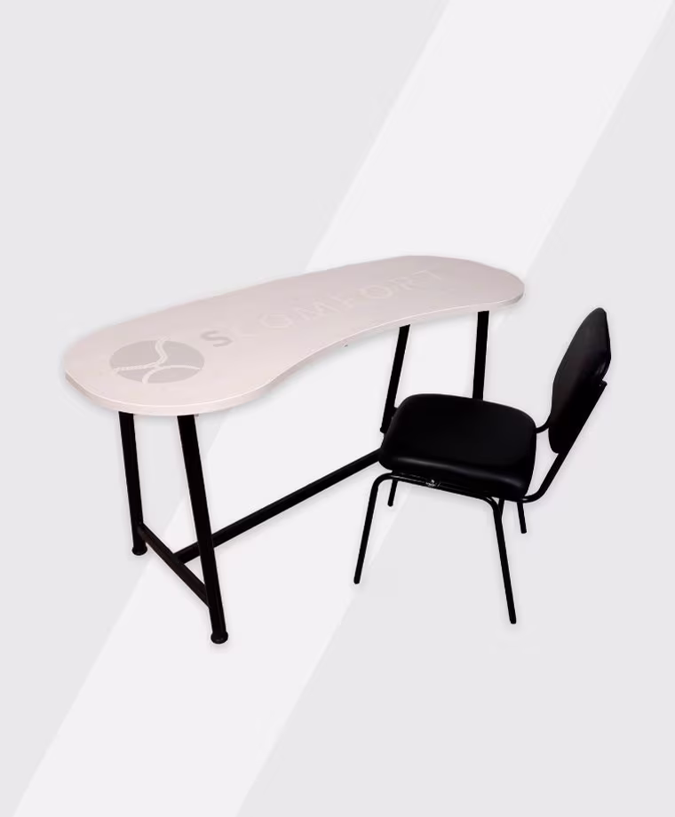 White classroom desk with a black chair labeled SR42 SC RT144