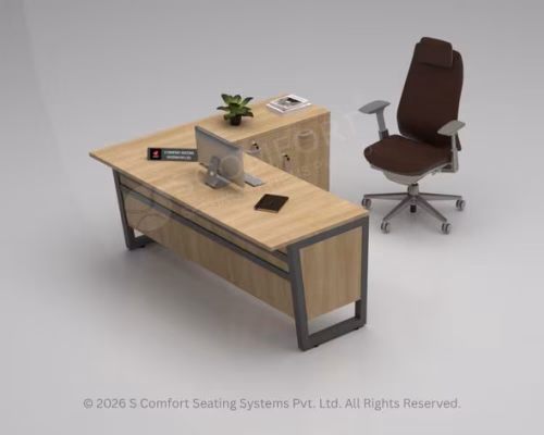 Executive Wood-Grain L-Shaped Desk with Brown Ergonomic Chair