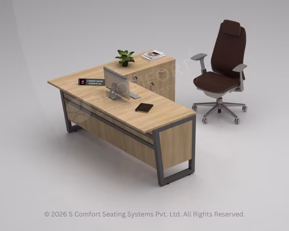 Executive Wood-Grain L-Shaped Desk with Brown Ergonomic Chair