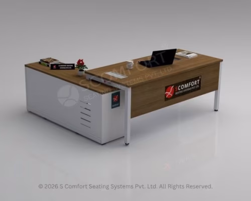 Modern L-Shaped Executive Office Desk with Wood Finish and White Side Storage